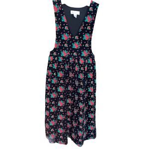 Karen Scott 90s Dark Floral Print Corduroy Pinafore Midi Dress S/M